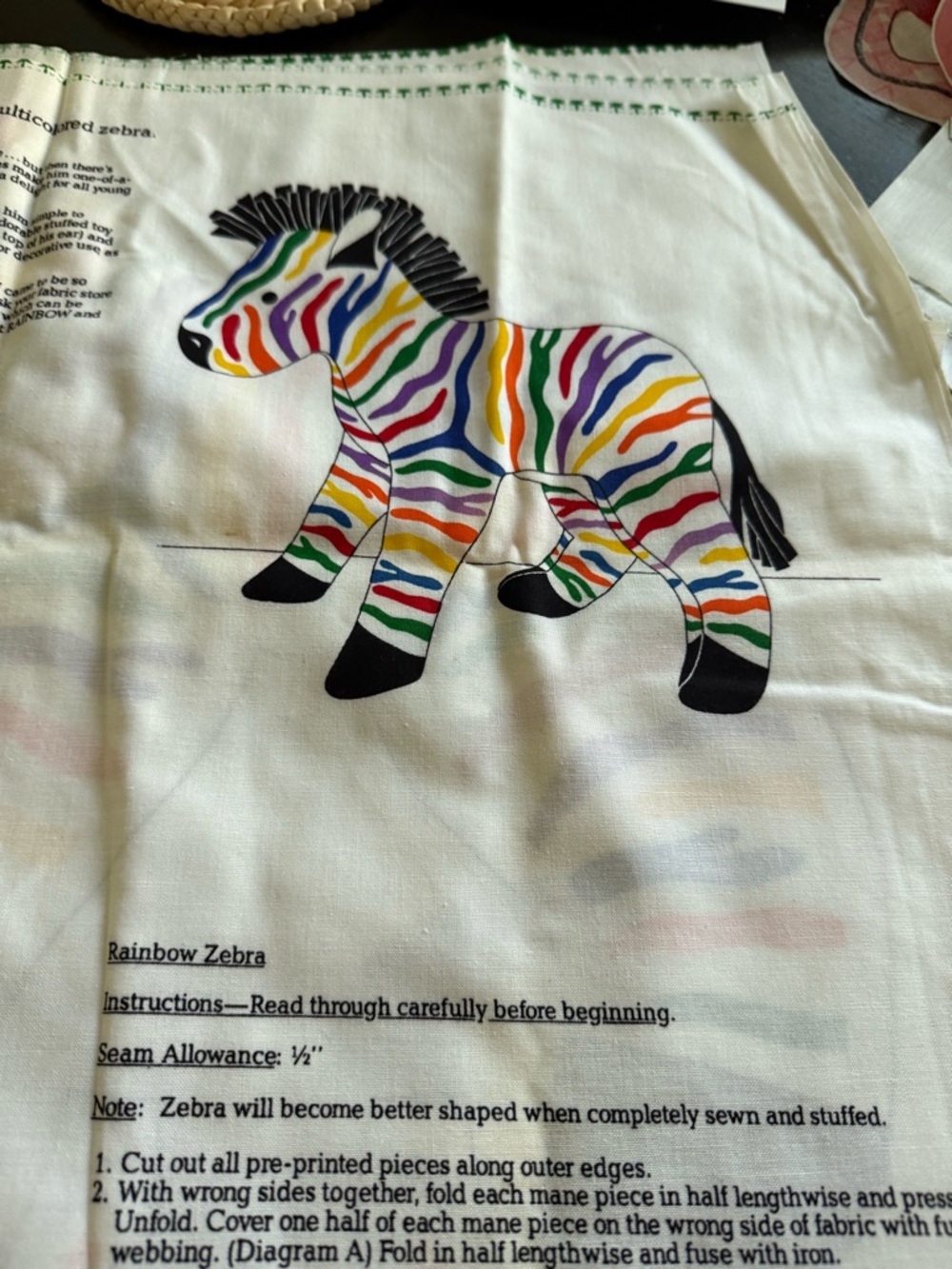 Rainbow Zebra Fabric PANEL - Cut & Sew - Soft Stuffed Animal